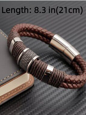 Mens Brown Leather Bracelet with Decorative Silver and Black Metal